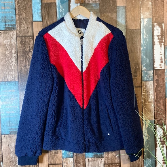 UGG Jackets & Blazers - NWOT UGG medium fuzzy soft red white and blue jacket